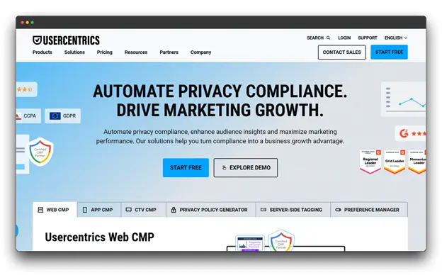A screenshot of the Usercentrics website, with the headline "Automate privacy compliance. Drive marketing growth." The page displays its various CMP modules and partner badges, positioning it as a comprehensive Consent Management Platform for any Global Business.