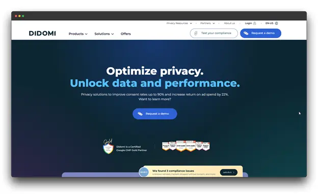 A screenshot of the Didomi website, promoting the optimization of privacy and data performance. The page highlights the platform’s role in unlocking data and increasing ad revenue through effective Consent Management, a major benefit for a Global Business.