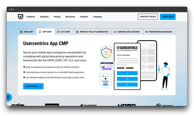 Screenshot of the Usercentrics website promoting the "Usercentrics App CMP." The text describes securing mobile apps and games monetization by complying with global data privacy regulations and frameworks like GDPR, CCPA, and TCF v2.2. GDPR Compliance; GDPR Compliance Software; Compliance Software