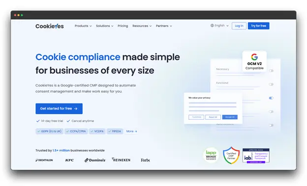 CookieYes website screenshot: "Cookie compliance made simple for businesses of every size" highlighting their Google-certified CMP, compatibility with GCM V2, and compliance with GDPR, CCPA/CPRA, VCDPA, and PIPEDA.