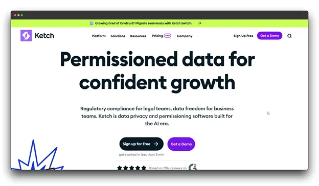 Screenshot of the Ketch website homepage with the main headline, "Permissioned data for confident growth." The text below explains that Ketch is "data privacy and permissioning software built for the AI era," focusing on regulatory compliance. GDPR Compliance; GDPR Compliance Software; Compliance Software