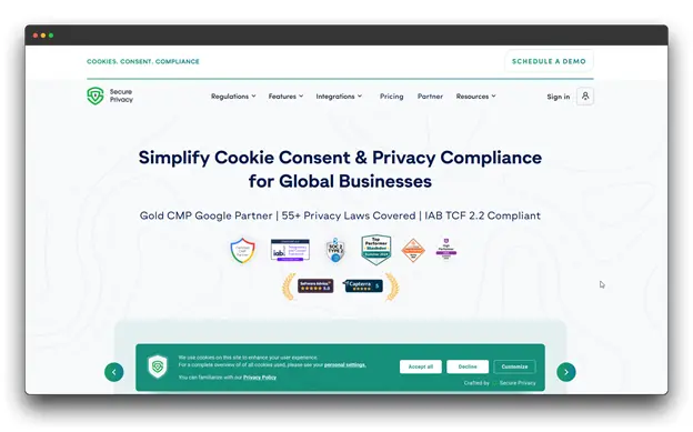 A screenshot of the Secure Privacy website, promoting its service to "Simplify Cookie Consent & Privacy Compliance for Global Businesses." The page displays a cookie consent banner at the bottom and various trust badges, confirming its status as a reliable Consent Management Platform.