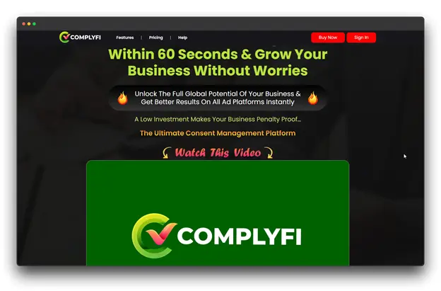 A screenshot of the Complyfi website, advertising itself as "The Ultimate Consent Management Platform" that helps a Global Business grow without privacy worries. The visual focuses on speed and efficiency in achieving Consent Management.