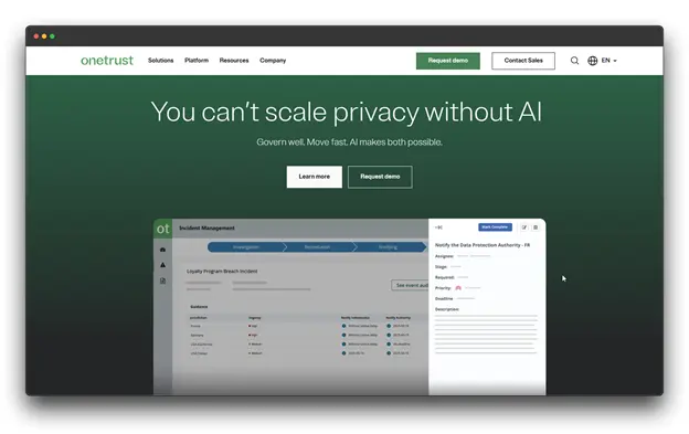 A screenshot of the OneTrust website, with the headline, "You can't scale privacy without AI." The image shows an incident management dashboard, indicating how a Consent Management Platform uses artificial intelligence to scale and simplify privacy for a Global Business.