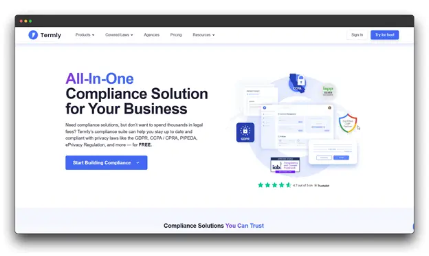 A screenshot of the Termly website, an "All-In-One Compliance Solution" that includes Consent Management. The image shows its user interface with mentions of different global privacy laws like GDPR and CCPA, demonstrating its value for a Global Business.