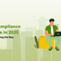 A graphic titled "GDPR Compliance Software in 2025: The Tools Leading the Way" featuring a man sitting on a large folder with a laptop, next to a huge green padlock, set against a city silhouette.
