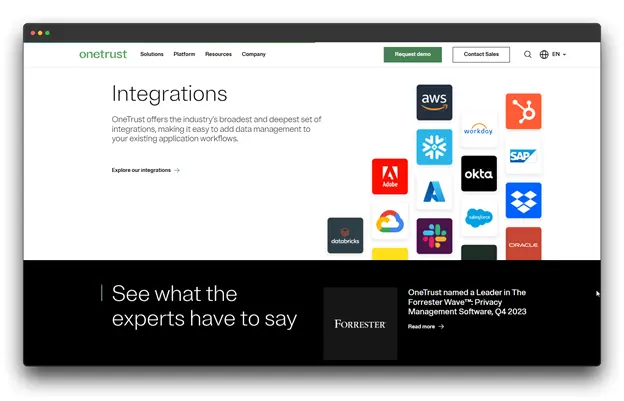Screenshot of the OneTrust website focusing on "Integrations." The text states that OneTrust offers the industry's broadest set of integrations to simplify data management workflows, showing logos for AWS, SAP, Salesforce, Oracle, and others.GDPR Compliance; GDPR Compliance Software; Compliance Software