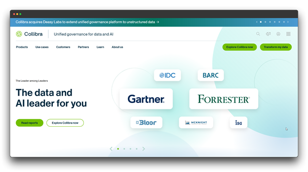 Collibra website screenshot: "Unified governance for data and AI" featuring the Collibra logo and logos of major industry analysts like Gartner, Forrester, IDC, and BARC, positioning Collibra as "The Leader among Leaders."