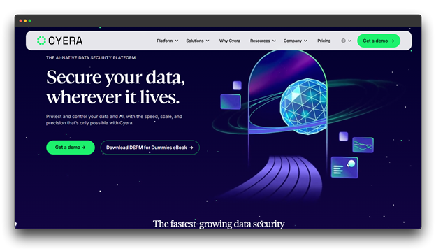 Screenshot of the Cyera website homepage, featuring the headline, "Secure your data, wherever it lives," and describing the platform as "THE AI-NATIVE DATA SECURITY PLATFORM." The graphic uses a dark background with blue and green abstract digital artwork. GDPR Compliance; GDPR Compliance Software; Compliance Software