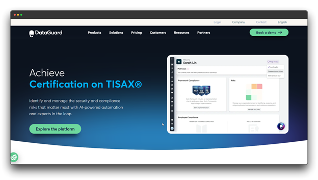 DataGuard website screenshot: "Achieve Certification on TISAX®" using AI-powered automation to manage security and compliance risks, with a dashboard preview showing Framework Compliance and Employee Compliance. Data Privacy Compliance Software; Data Privacy; Compliance Software; Privacy Compliance Software